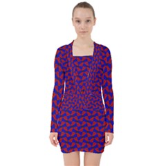 Background Texture Design Geometric Red Blue V-neck Bodycon Long Sleeve Dress by Sudhe