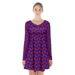 Background Texture Design Geometric Red Blue Long Sleeve Velvet V-neck Dress by Sudhe