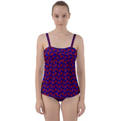 Background Texture Design Geometric Red Blue Twist Front Tankini Set by Sudhe