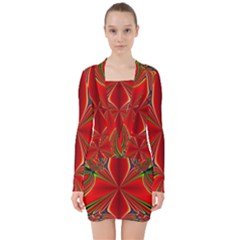 Abstract Abstract Art Fractal V-neck Bodycon Long Sleeve Dress