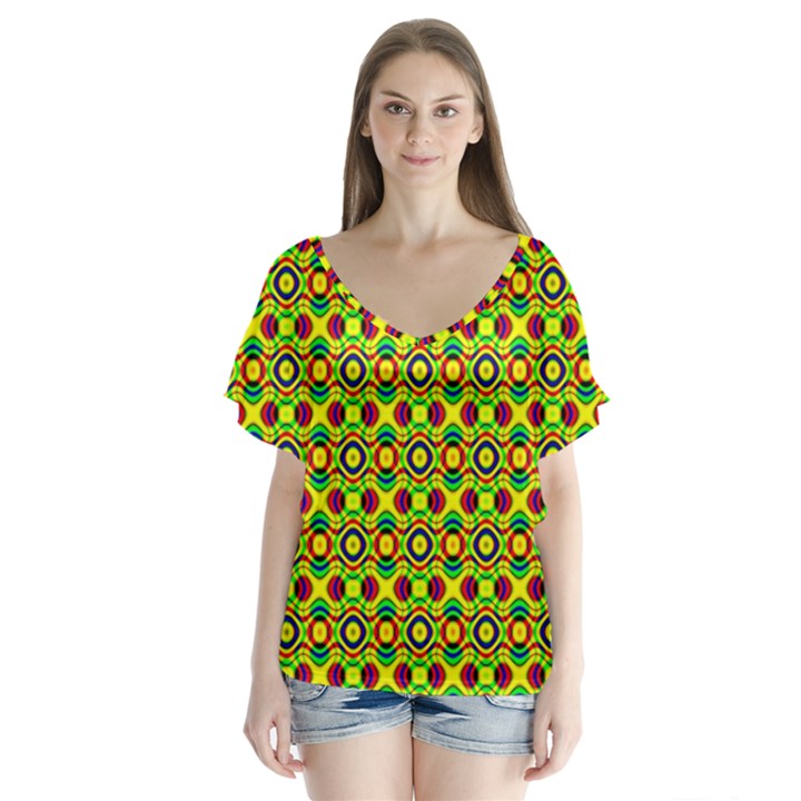 Background Pattern Geometrical V-Neck Flutter Sleeve Top