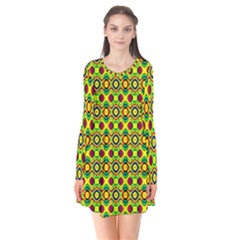 Background Pattern Geometrical Long Sleeve V-neck Flare Dress by Sudhe