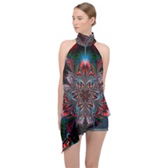 Abstract Flower Artwork Art Halter Asymmetric Satin Top by Sudhe