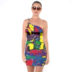 Colorful Shapes Abstract Painting                   One Shoulder Ring Trim Bodycon Dress