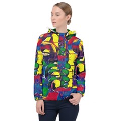 Colorful Shapes Abstract Painting                      Women Hooded Front Pocket Windbreaker