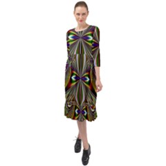 Abstract Art Fractal Pattern Ruffle End Midi Chiffon Dress