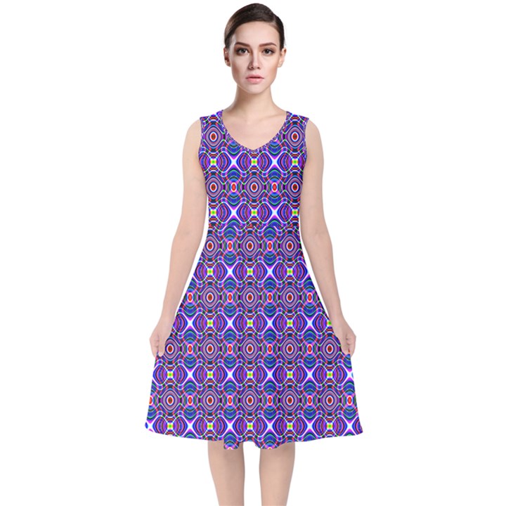 Background Pattern Geometrical V-Neck Midi Sleeveless Dress 