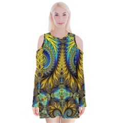 Abstract Art Fractal Creative Velvet Long Sleeve Shoulder Cutout Dress