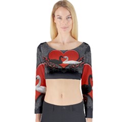 In Love, Wonderful Black And White Swan On A Heart Long Sleeve Crop Top by FantasyWorld7