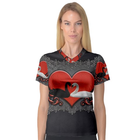 In Love, Wonderful Black And White Swan On A Heart V-neck Sport Mesh Tee by FantasyWorld7