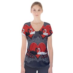 In Love, Wonderful Black And White Swan On A Heart Short Sleeve Front Detail Top by FantasyWorld7