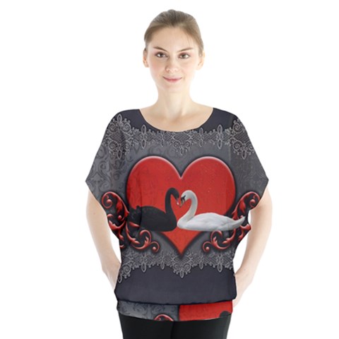 In Love, Wonderful Black And White Swan On A Heart Batwing Chiffon Blouse by FantasyWorld7