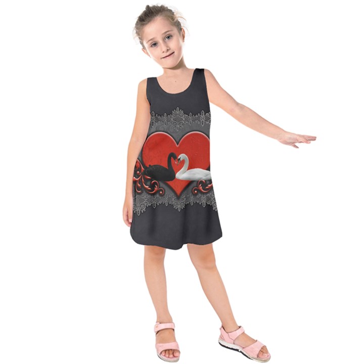 In Love, Wonderful Black And White Swan On A Heart Kids  Sleeveless Dress