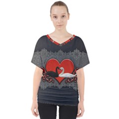 In Love, Wonderful Black And White Swan On A Heart V-neck Dolman Drape Top by FantasyWorld7