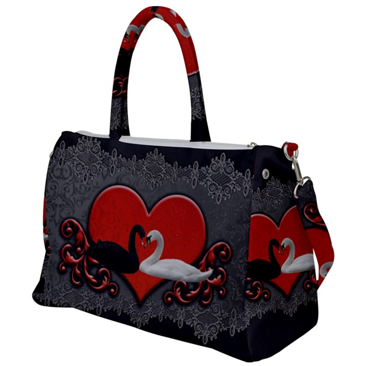 In Love, Wonderful Black And White Swan On A Heart Duffel Travel Bag