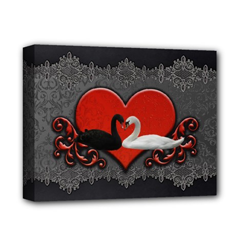 In Love, Wonderful Black And White Swan On A Heart Deluxe Canvas 14  X 11  (stretched) by FantasyWorld7