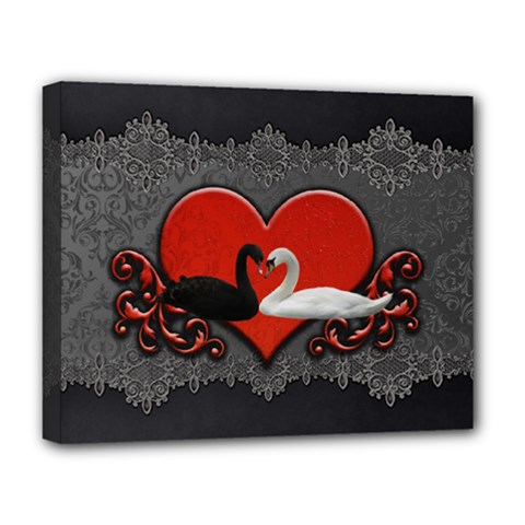 In Love, Wonderful Black And White Swan On A Heart Deluxe Canvas 20  X 16  (stretched) by FantasyWorld7