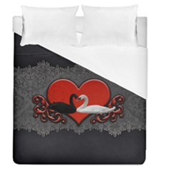 In Love, Wonderful Black And White Swan On A Heart Duvet Cover (queen Size) by FantasyWorld7