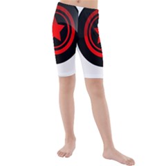 Star Black Red Button  Kids  Mid Length Swim Shorts by Pakrebo