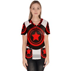 Star Black Red Button  Women s V-neck Scrub Top by Pakrebo