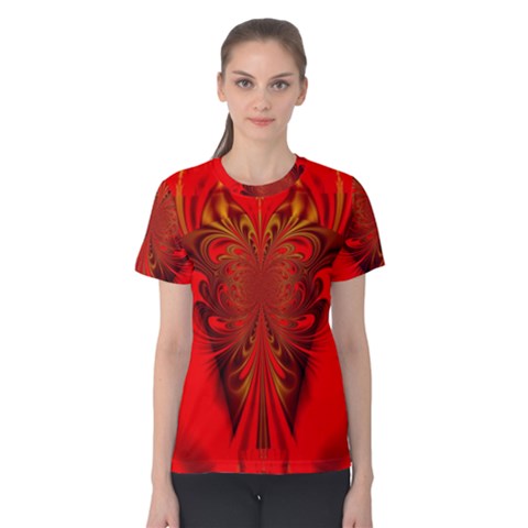 Digital Arts Fractals Futuristic Red Yellow Black Women s Cotton Tee by Pakrebo