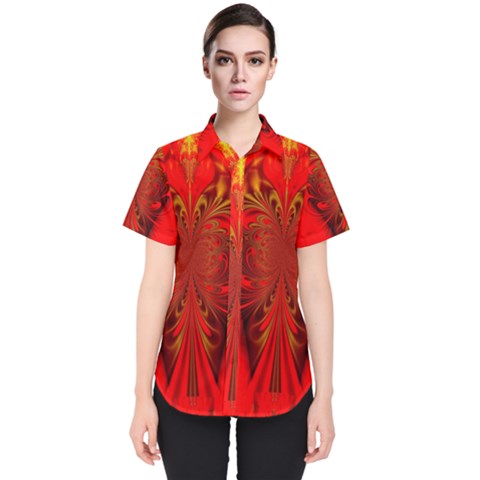 Digital Arts Fractals Futuristic Red Yellow Black Women s Short Sleeve Shirt by Pakrebo