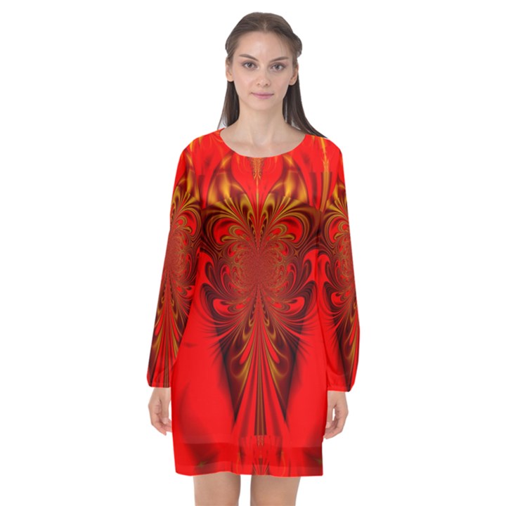 Digital Arts Fractals Futuristic Red Yellow Black Long Sleeve Chiffon Shift Dress 