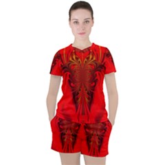 Digital Arts Fractals Futuristic Red Yellow Black Women s Tee And Shorts Set