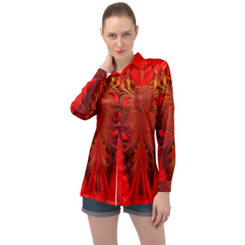 Digital Arts Fractals Futuristic Red Yellow Black Long Sleeve Satin Shirt by Pakrebo