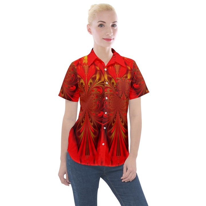 Digital Arts Fractals Futuristic Red Yellow Black Women s Short Sleeve Pocket Shirt