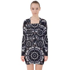 Abstract Digital Art Artwork Black White V-neck Bodycon Long Sleeve Dress by Pakrebo