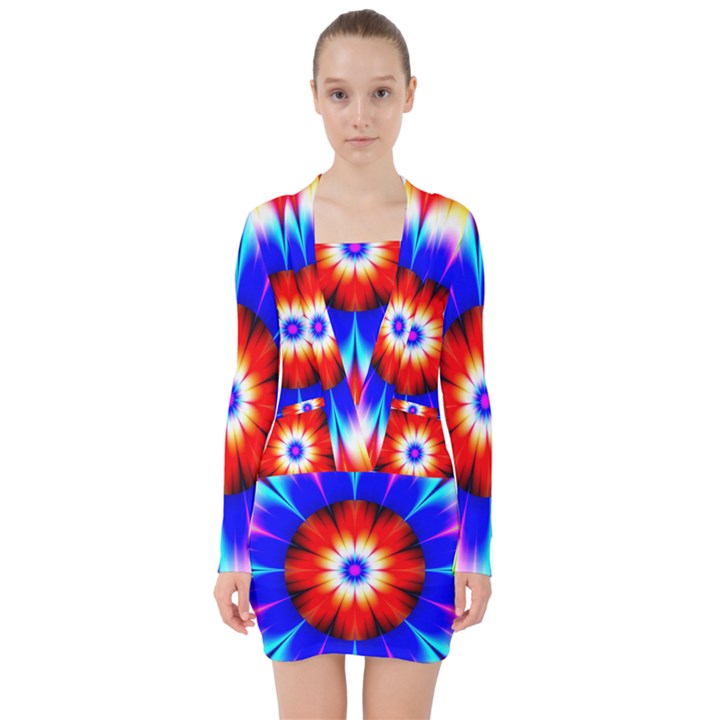 Abstract Digital Art Artwork Colorful V-neck Bodycon Long Sleeve Dress