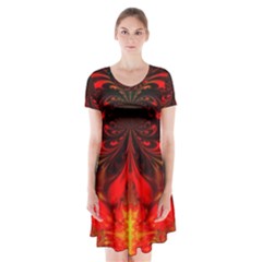 Digital Arts Fractals Futuristic Colorful Short Sleeve V-neck Flare Dress