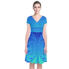 Digital Arts Fractals Futuristic Blue Magenta Short Sleeve Front Wrap Dress by Pakrebo