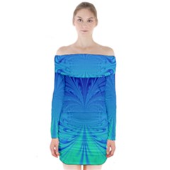 Digital Arts Fractals Futuristic Blue Magenta Long Sleeve Off Shoulder Dress by Pakrebo