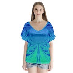 Digital Arts Fractals Futuristic Blue Magenta V-neck Flutter Sleeve Top by Pakrebo