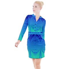 Digital Arts Fractals Futuristic Blue Magenta Button Long Sleeve Dress by Pakrebo