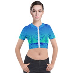 Digital Arts Fractals Futuristic Blue Magenta Short Sleeve Cropped Jacket by Pakrebo