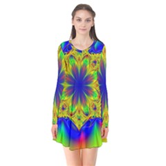 Digital Art Fractal Artwork Flower Long Sleeve V-neck Flare Dress by Pakrebo