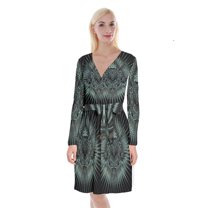 Abstract Art Fractal Artwork Long Sleeve Velvet Front Wrap Dress