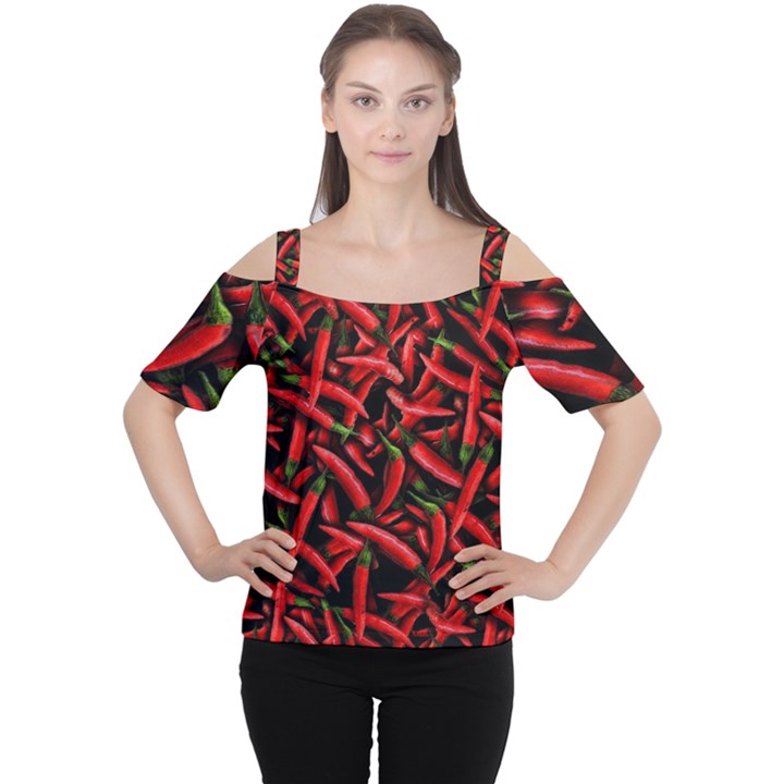 Red Chili Peppers Pattern  Cutout Shoulder Tee