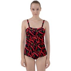 Red Chili Peppers Pattern  Twist Front Tankini Set by bloomingvinedesign