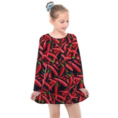 Red Chili Peppers Pattern  Kids  Long Sleeve Dress by bloomingvinedesign