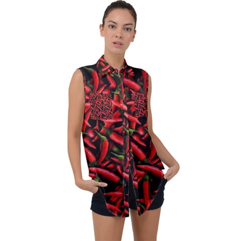 Red Chili Peppers Pattern  Sleeveless Chiffon Button Shirt by bloomingvinedesign