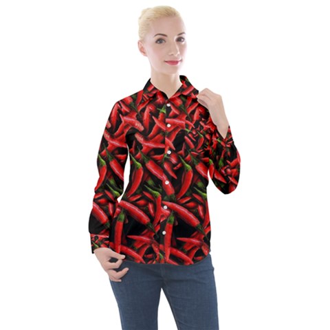 Red Chili Peppers Pattern  Women s Long Sleeve Pocket Shirt by bloomingvinedesign