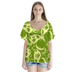 Butterflies Pattern Background Green Decoration Repeating Style Sketch V-neck Flutter Sleeve Top by fashionpod