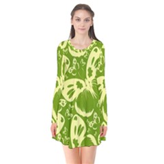 Butterflies Pattern Background Green Decoration Repeating Style Sketch Long Sleeve V-neck Flare Dress