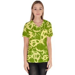 Butterflies Pattern Background Green Decoration Repeating Style Sketch Women s V-neck Scrub Top by fashionpod