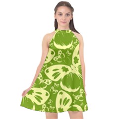 Butterflies Pattern Background Green Decoration Repeating Style Sketch Halter Neckline Chiffon Dress  by fashionpod