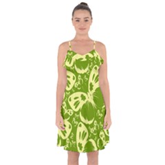 Butterflies Pattern Background Green Decoration Repeating Style Sketch Ruffle Detail Chiffon Dress by fashionpod